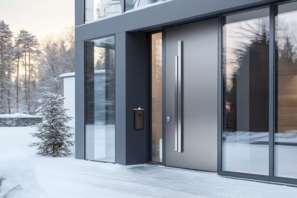 silver gray door with an elegant handle on a snow-dusted modern home with large windows
