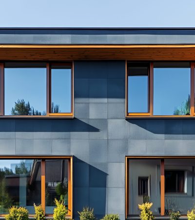 Modern house with gray facade and large windows, wooden trim.