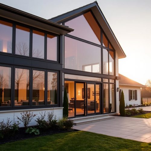 Suburban home at sunset with lawn and garden visible