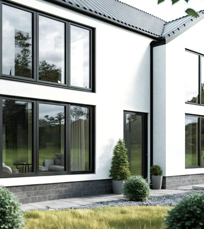 white aluminium windows with glass inserts on residential house, generative ai